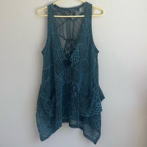 Vintage blue crochet lace cotton blend tank top